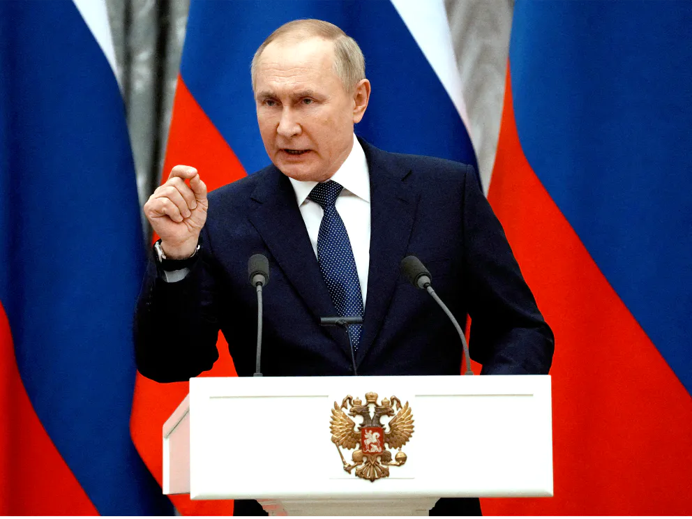 ウクライナ情勢が緊迫するなか、演説するロシアのプーチン大統領（©ロイター/アフロ）